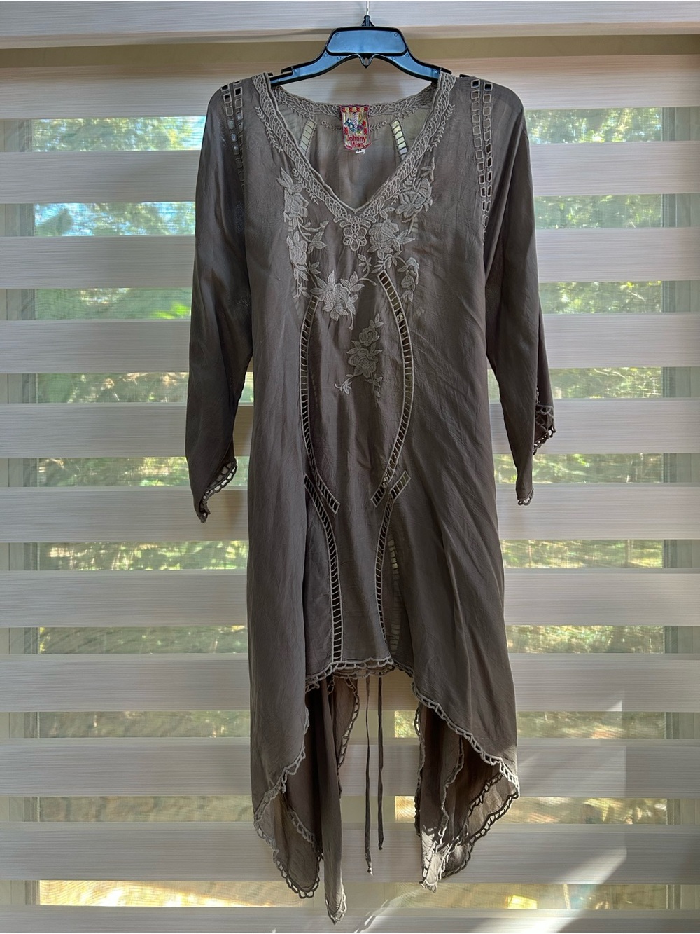 Johnny Was Taupe Embroidered Asymmetrical Tunic